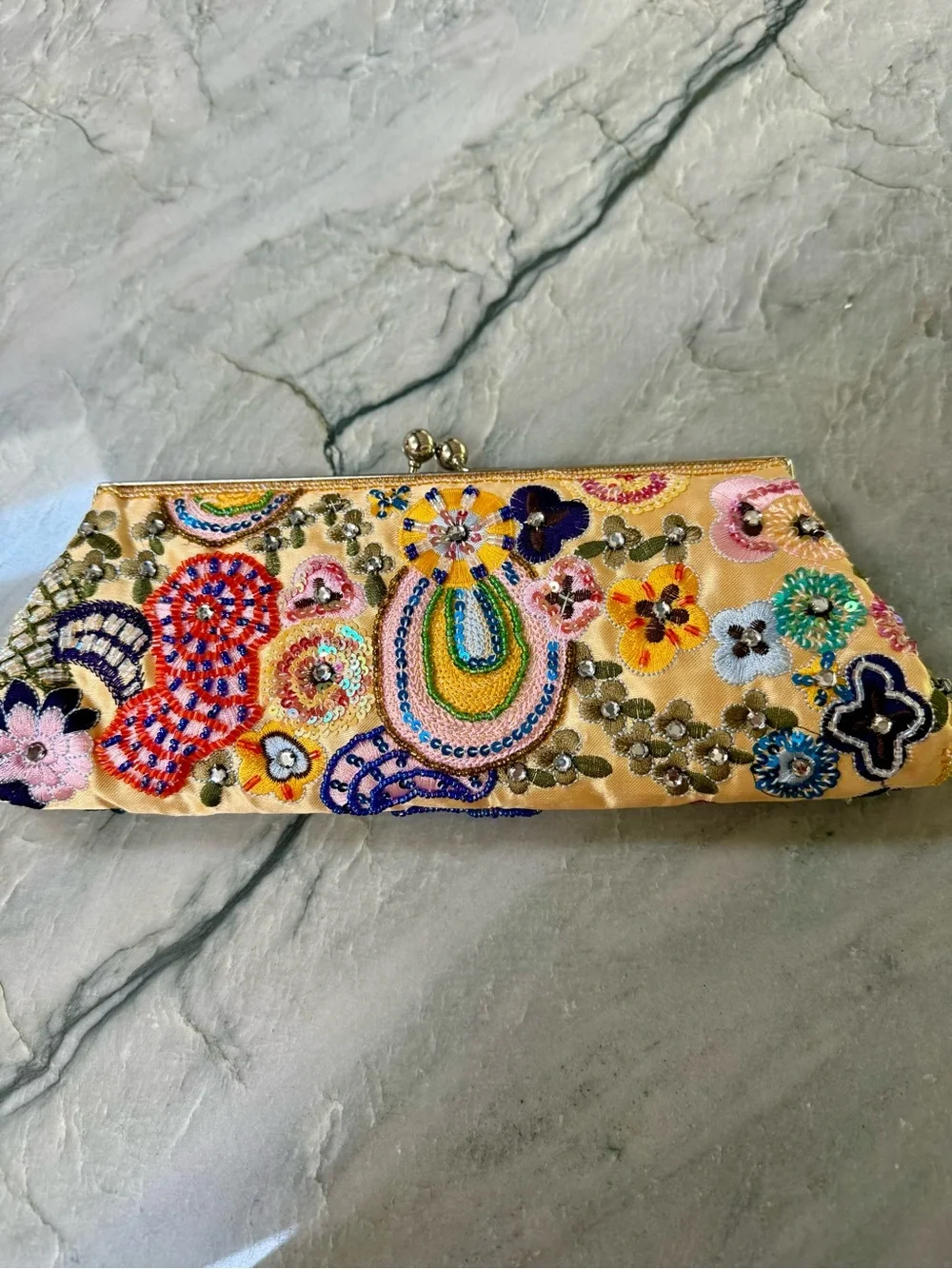 ANTHROPOLOGIE Embroidered Floral Beaded Clutch - Yellow